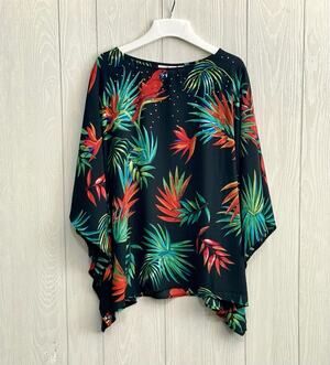 Quacker Factory Black Tropical Parrot Embellished Caftan Top Blouse Medium NWT